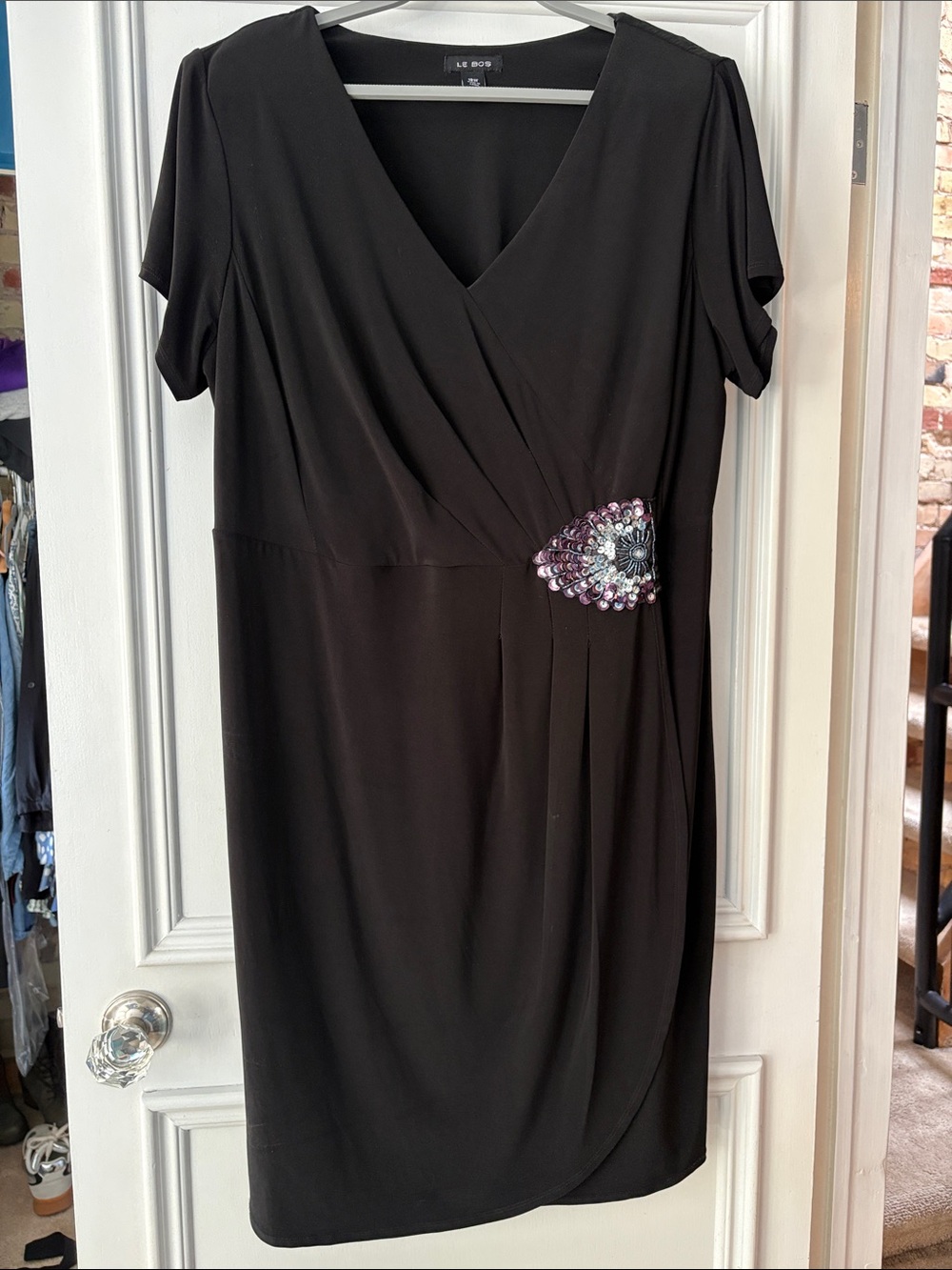 Black V-Neck Dress with Decorative Waist Accent